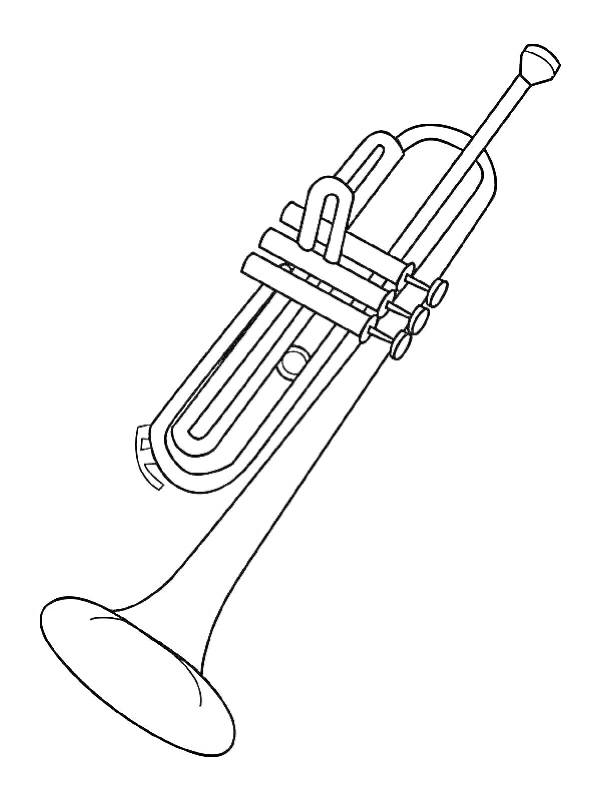 На раскраске изображено: Труба, Музыкальный инструмент, Мундштук, Клапаны, Контурные рисунки