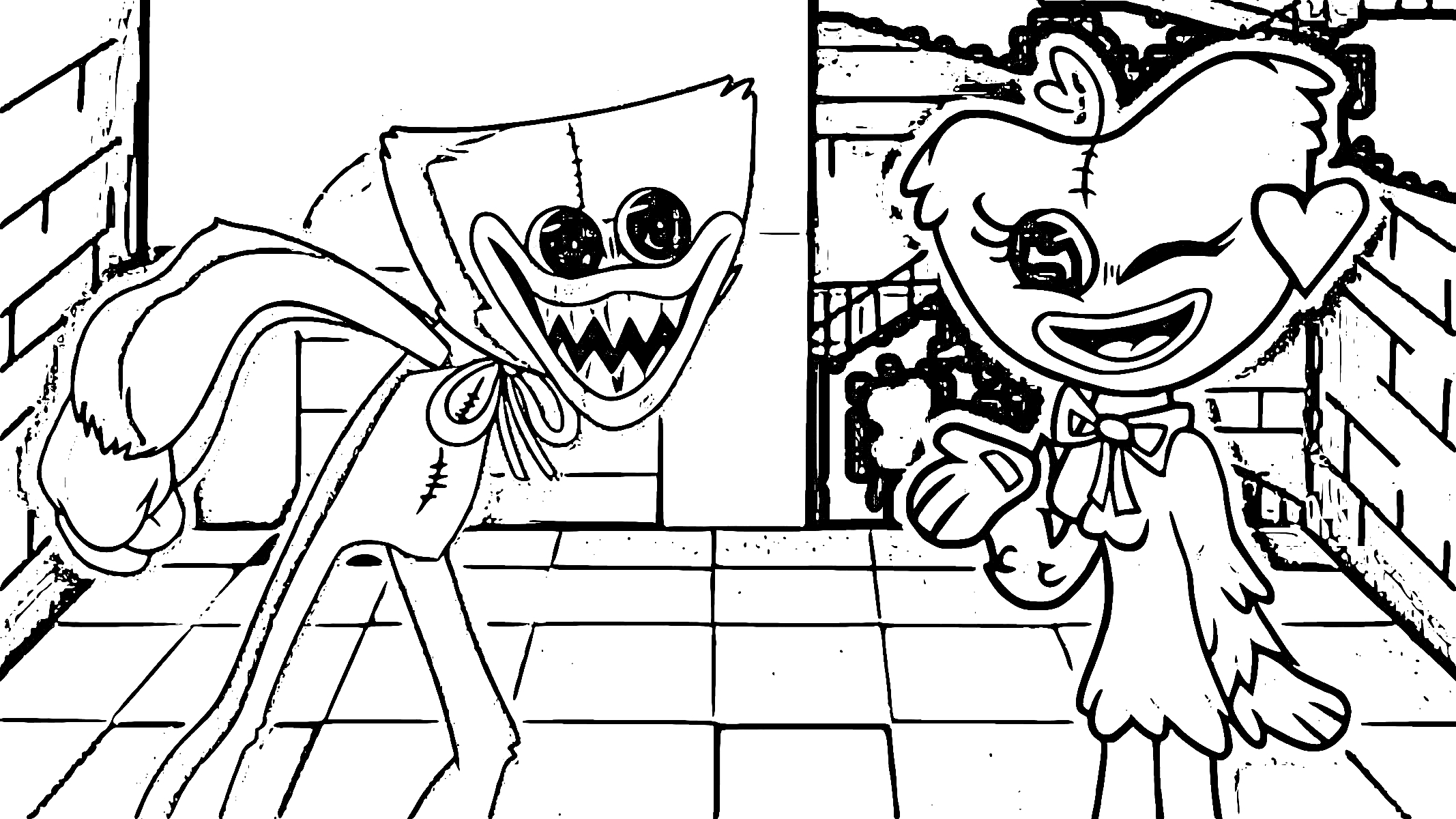 Раскраска Две куклы в виде персонажей Хагги Вагги и Кисси Мисси в комнате с плиточным полом и стенами