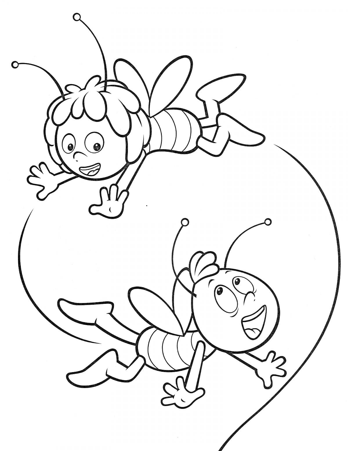 На раскраске изображено: Пчелка, Насекомое, Мультяшный стиль, Радость, Цветы, Для детей