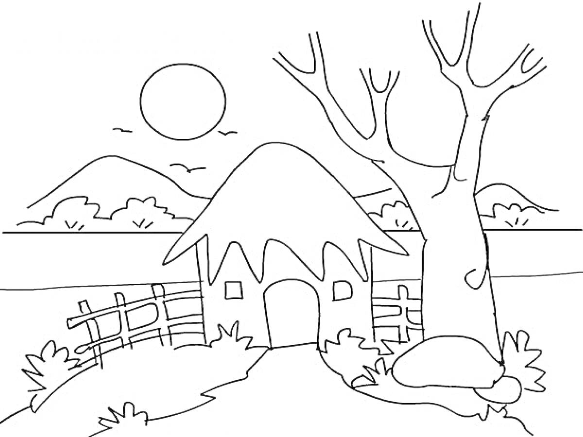 Раскраска Домик с соломенной крышей, деревья, кусты и горы на заднем плане при восходе солнца