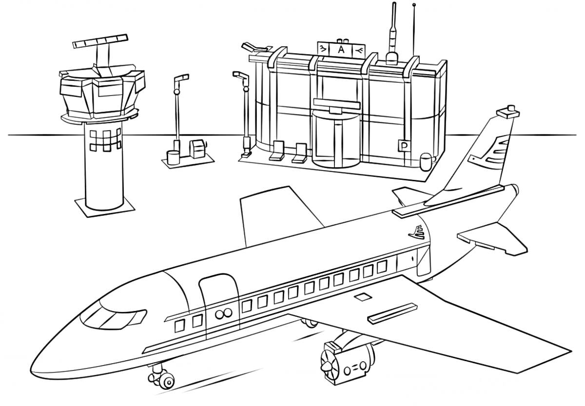 Раскраска Самолет в аэропорту с диспетчерской башней, зданием терминала и телескопическим трапом