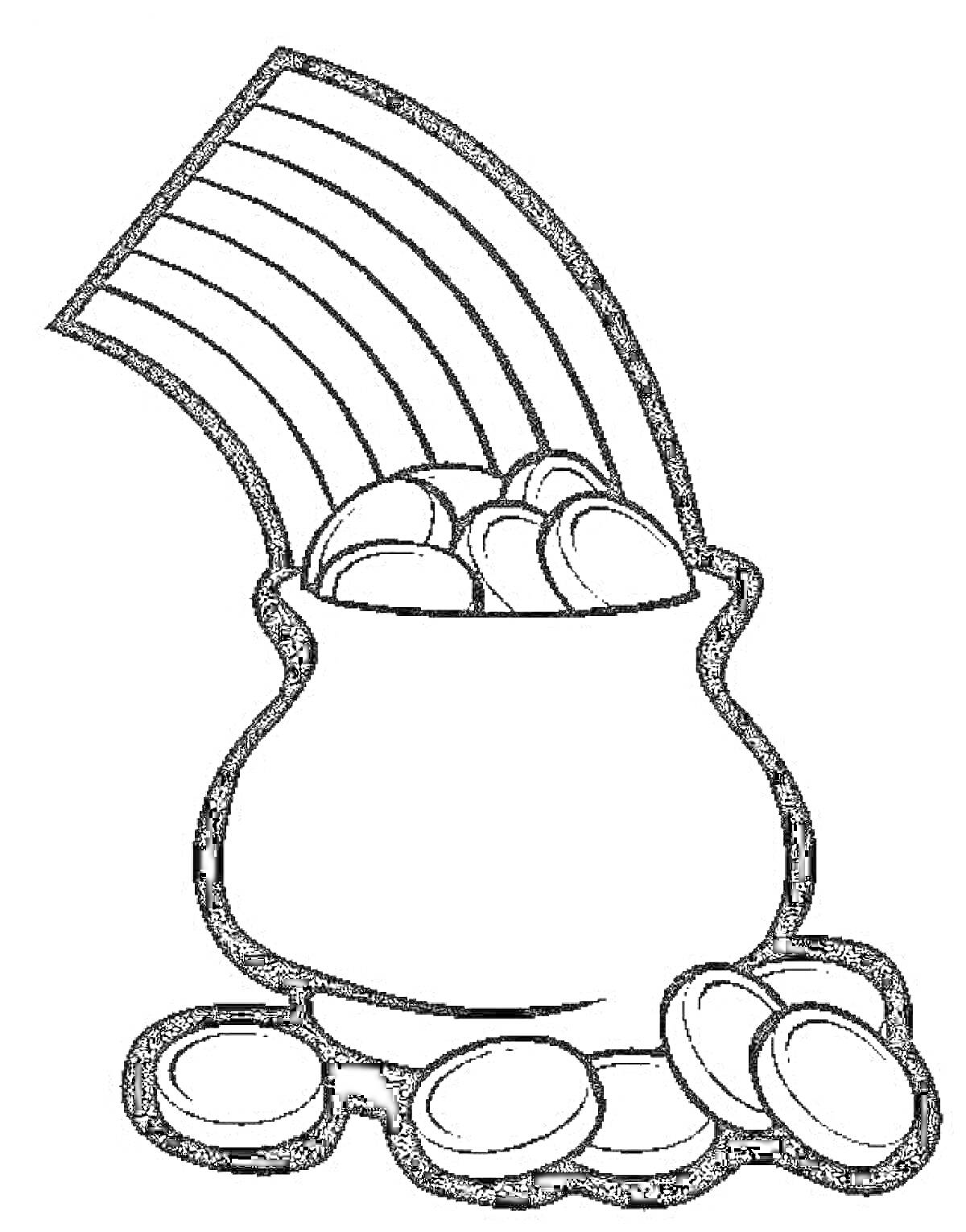 Раскраска Горшок с золотыми монетами под радугой
