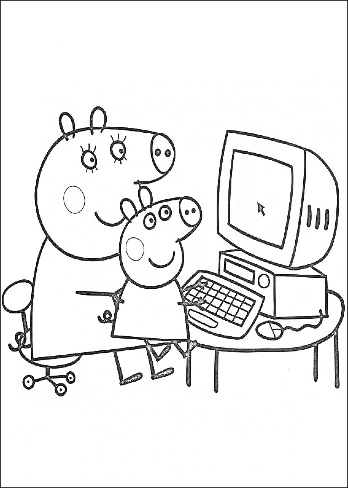 Раскраска Свинка Пеппа и взрослый свин за столом с компьютером
