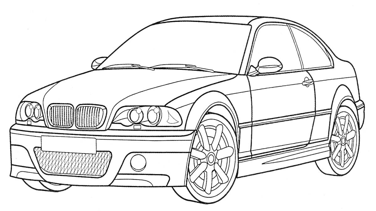 Раскраска Автомобиль BMW с четырьмя дверями и спойлером на бампере, представлен на черно-белой раскраске для детей и взрослых. Вид спереди-сбоку, показаны колеса, фары, боковые зеркала, радиаторная решетка и характерные линии кузова.