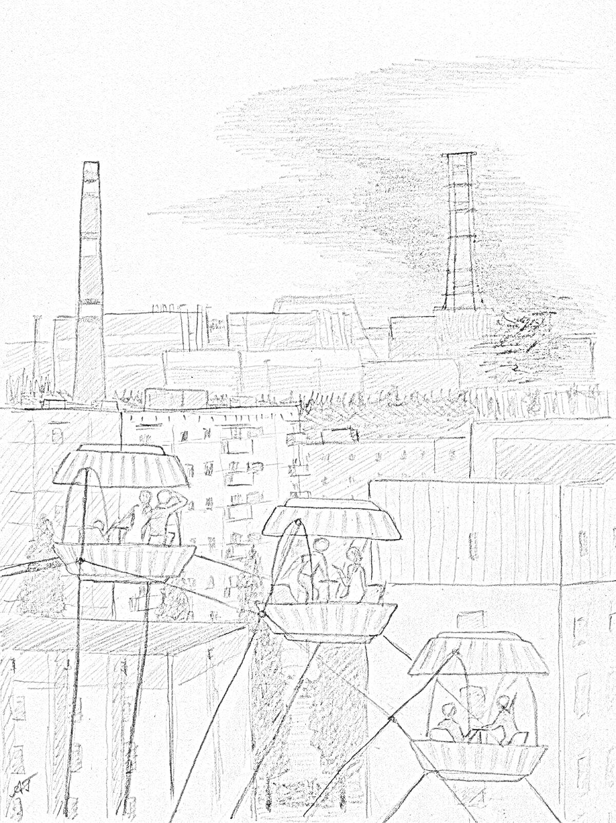 На раскраске изображено: АЭС, Атомная электростанция, Здания, Колесо обозрения, Дым