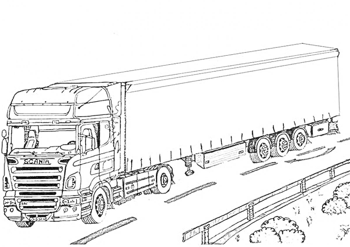 На раскраске изображено: Дальнобойщик, Прицеп, Трасса, Кусты