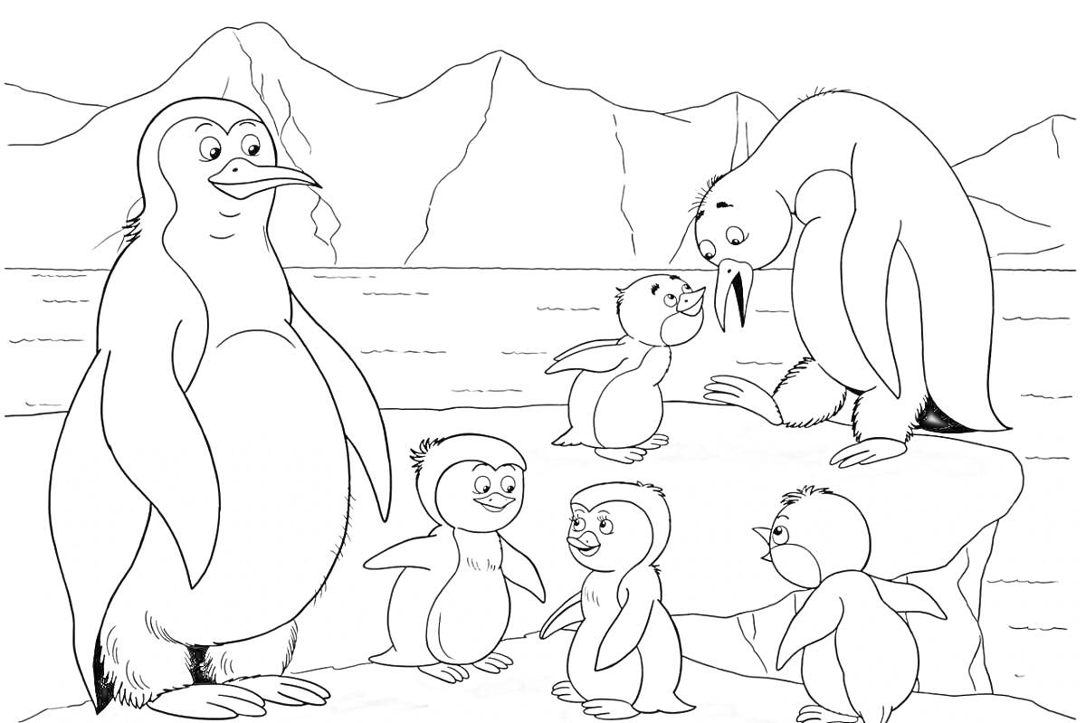 На раскраске изображено: Пингвины, Морж, Север, Лед, Горы, Побережье, Природа, Животные, Подготовительная группа