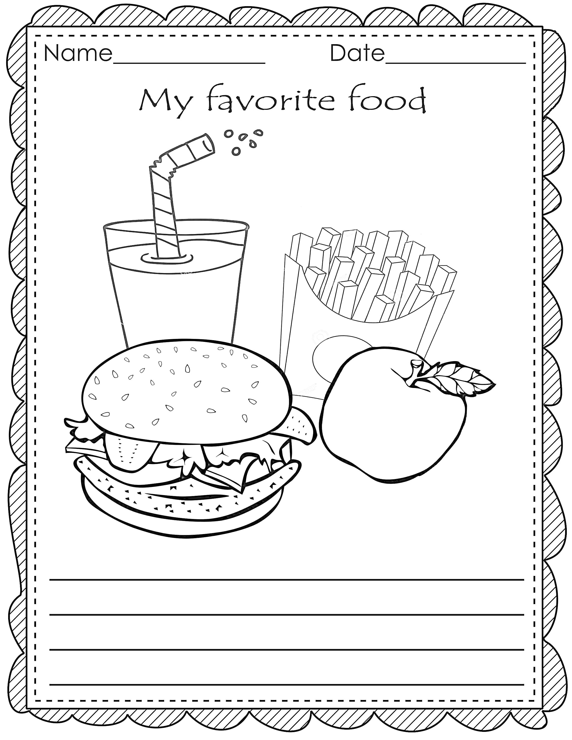 На раскраске изображено: Картофель фри, Яблоко, Сок, Еда