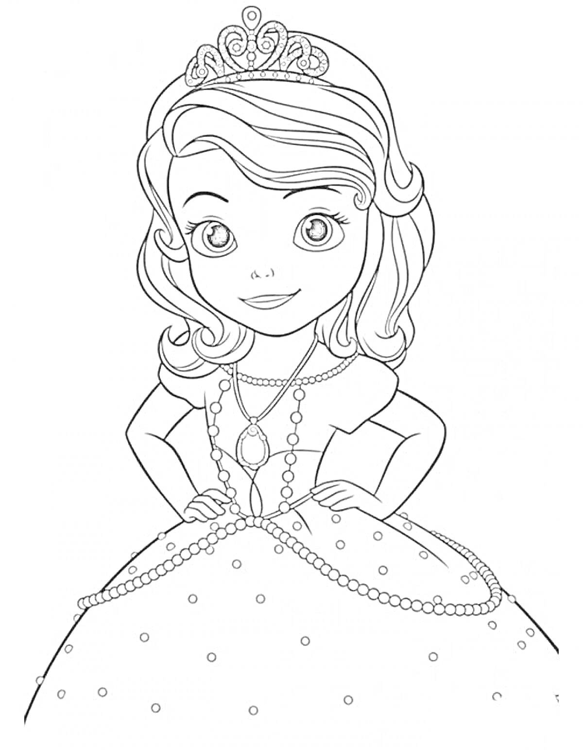 Раскраска принцесса с короной и ожерельем