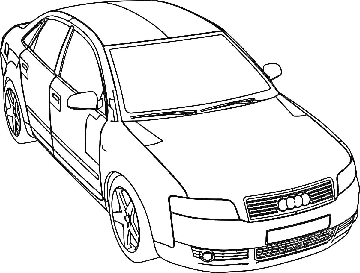 Раскраска Черное спорткупе: автомобиль, видящий спереди, с четырьмя дверями и радиаторной решеткой