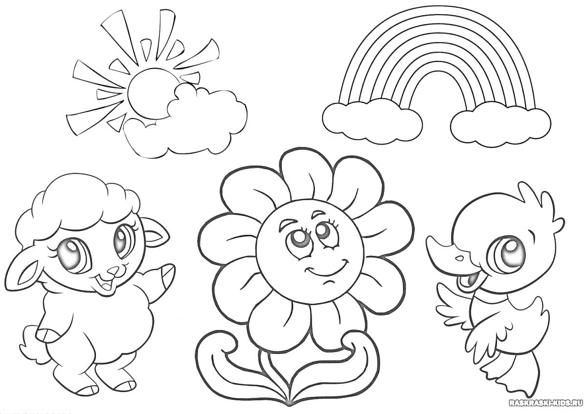 Раскраска овечка, цыпленок, цветок, солнце за облаком, радуга и облака