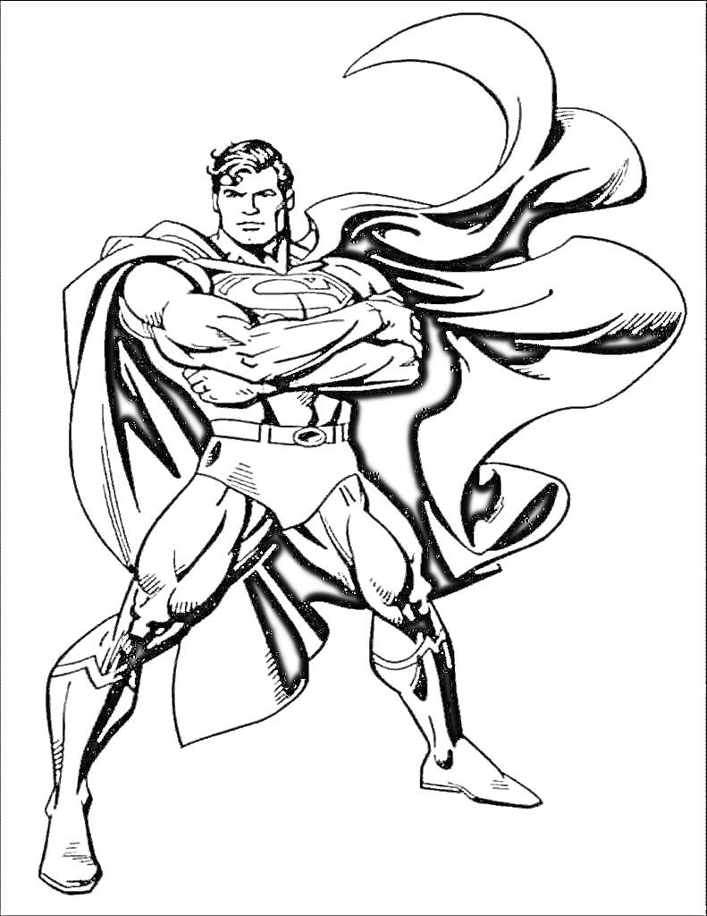 Раскраска Супермен в костюме с накидкой, скрестивший руки на груди