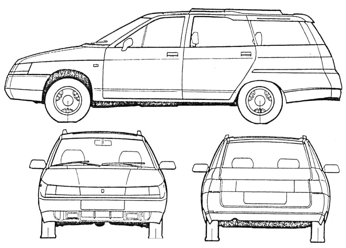 Раскраска Вид на машину Lada: вид сбоку, спереди и сзади