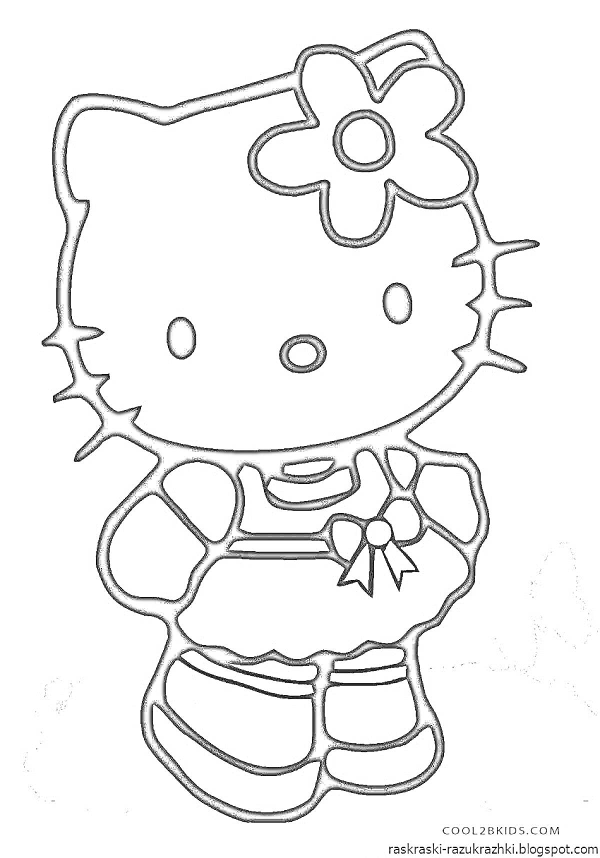 Раскраска Хеллоу Кити с цветком на голове и бантом на одежде
