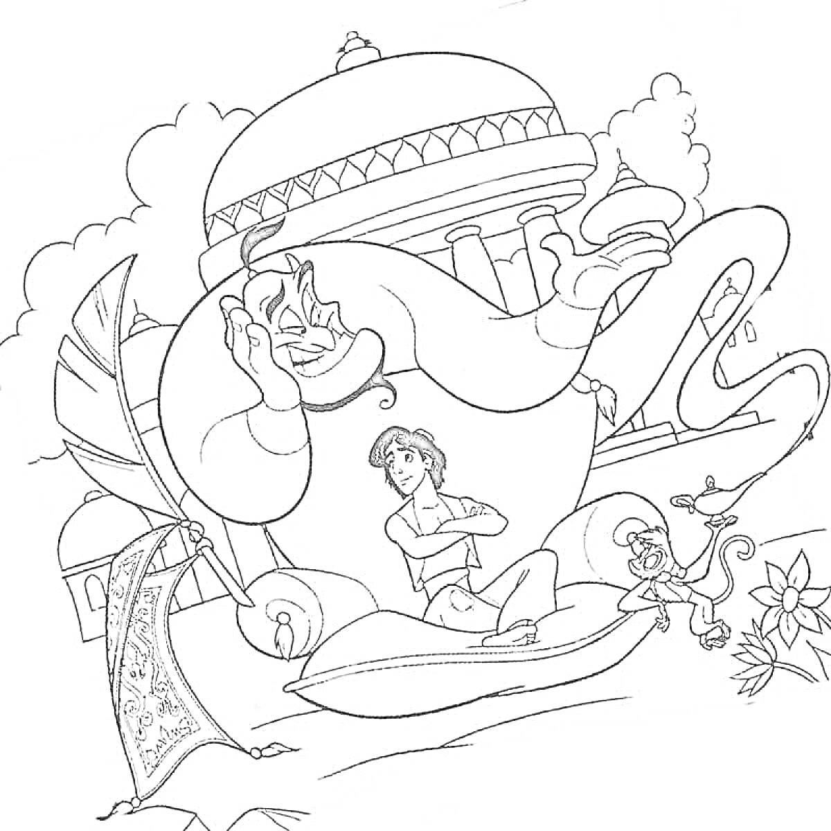 Раскраска Аладдин с Джинном, ковром-самолетом и обезьянкой Абу на фоне дворца