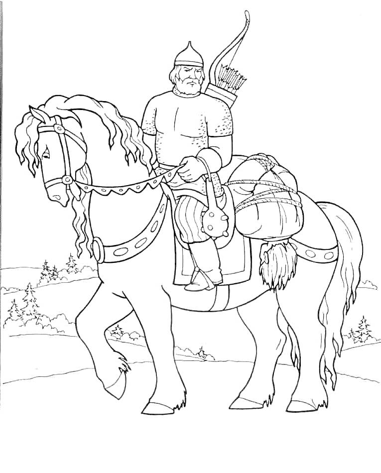 Раскраска Богатырь на коне с луком и колчаном, лес на заднем плане