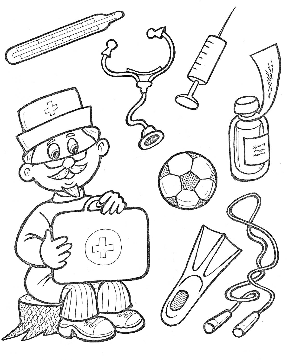 Раскраска Доктор Айболит с медицинскими инструментами и спортивным оборудованием