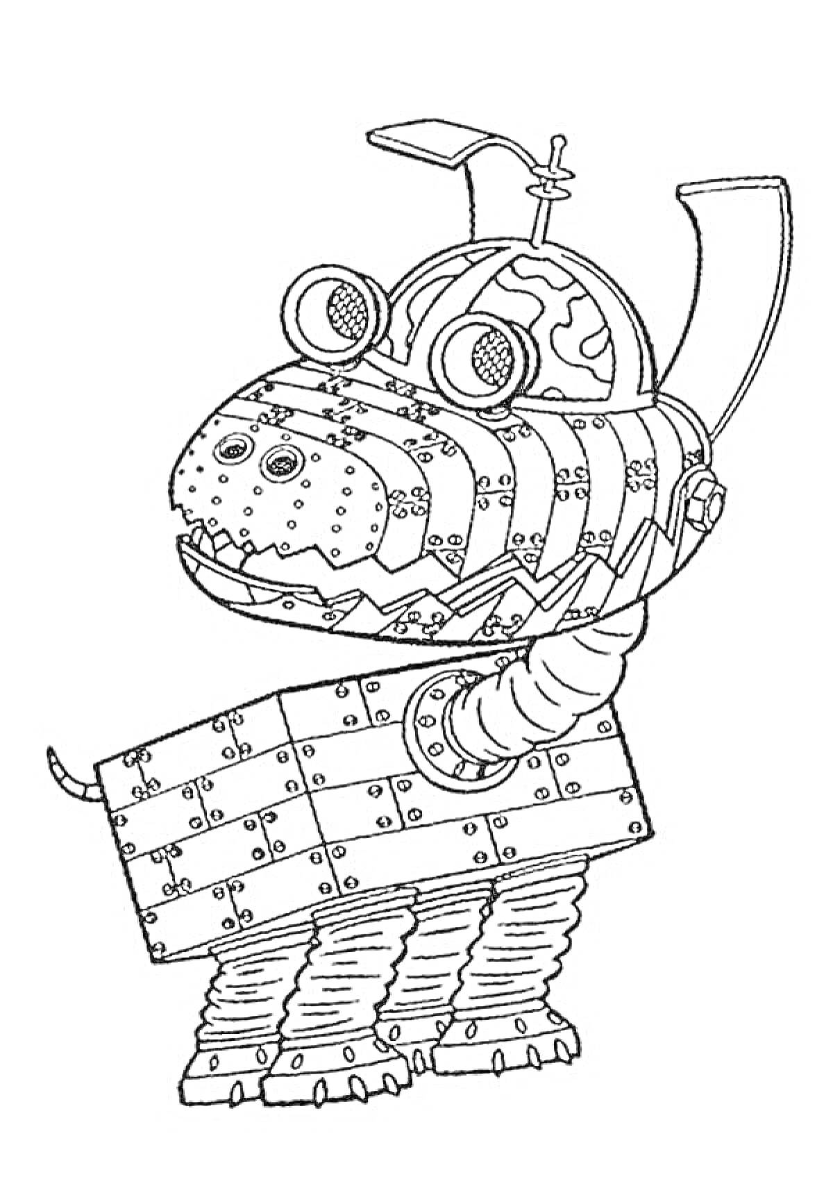 Раскраска Собака робот с панцирными пластинами, механическими ногами и антеннами на голове