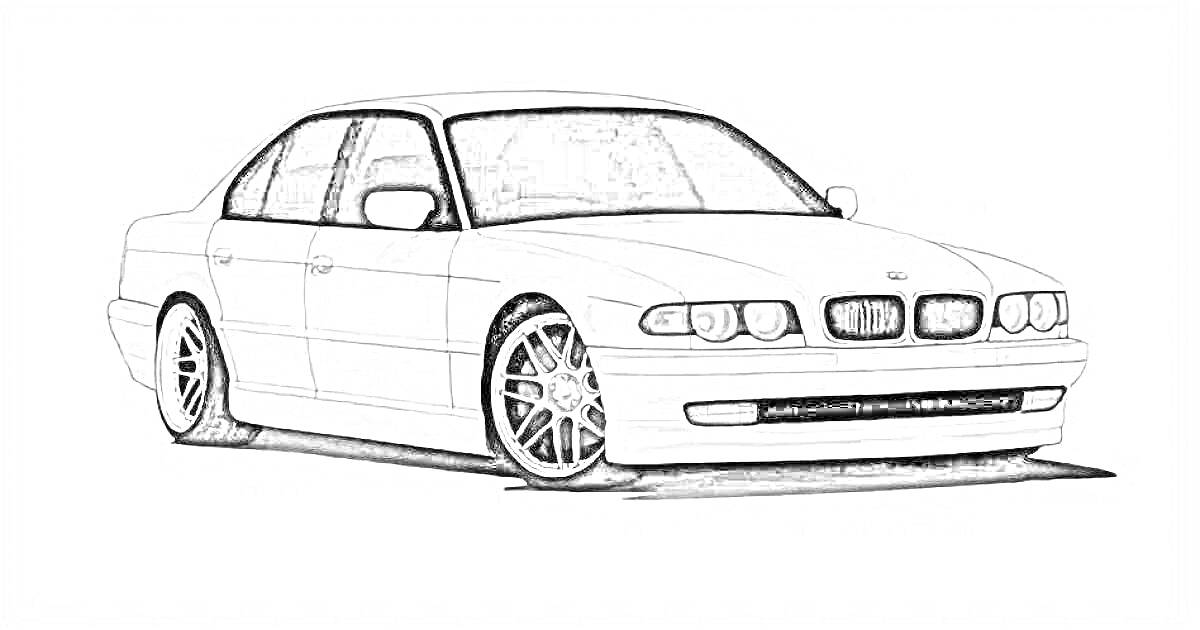 Раскраска Чёрно-белая раскраска автомобиля BMW E34 с детализированными элементами кузова, колесными дисками и окнами.