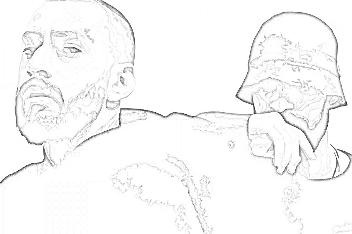 Раскраска Портрет двух мужчин, один с бородой, другой в шляпе-ведре