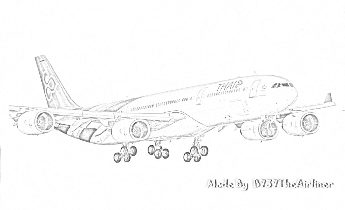 Раскраска Боинг 777 в полете с опущенной шасси и маркировкой авиакомпании на белом фоне