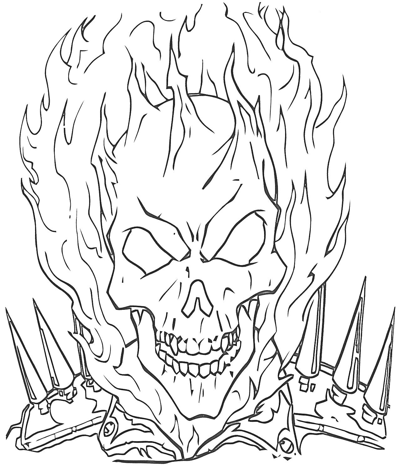 Раскраска Огненный череп в кожаной куртке с шипами