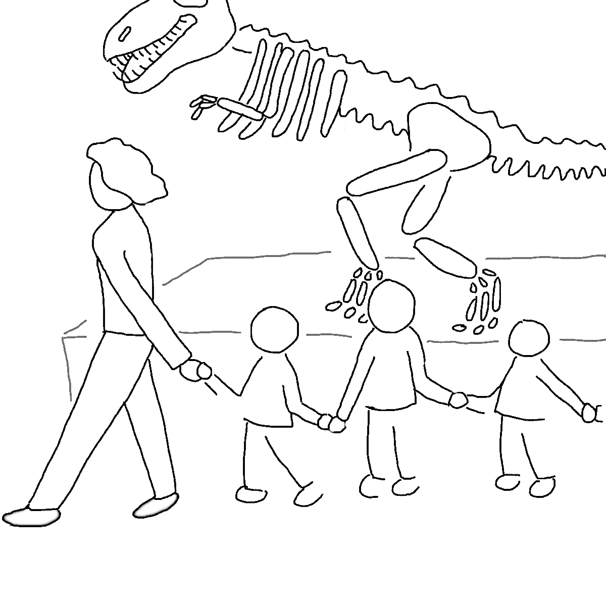 Раскраска Взрослый и трое детей в музее с динозавром-скелетом