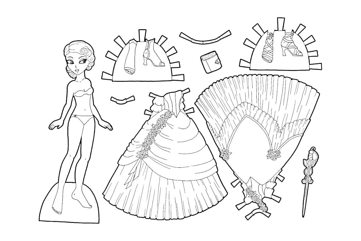 На раскраске изображено: Бумажная кукла, Одежда, Вечернее платье, Кукольная одежда, Подставка