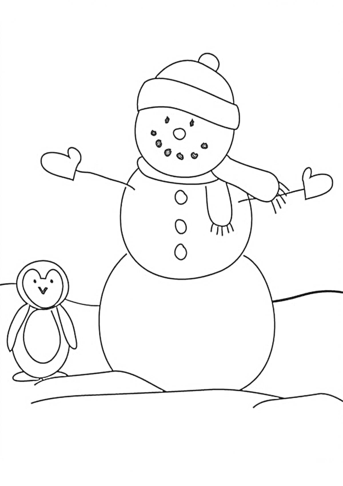 На раскраске изображено: Зима, Снег, Шарф, Шапка, Пуговицы, Для детей, Варежка, Пингвины, Снеговики