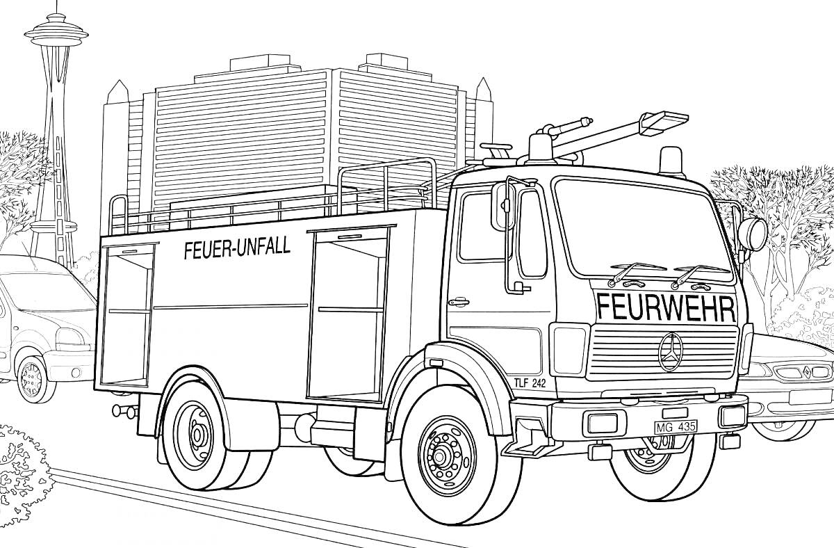 Раскраска Пожарная машина-дубль; пожарная машина на улице с башнями на заднем плане и автомобилями по бокам