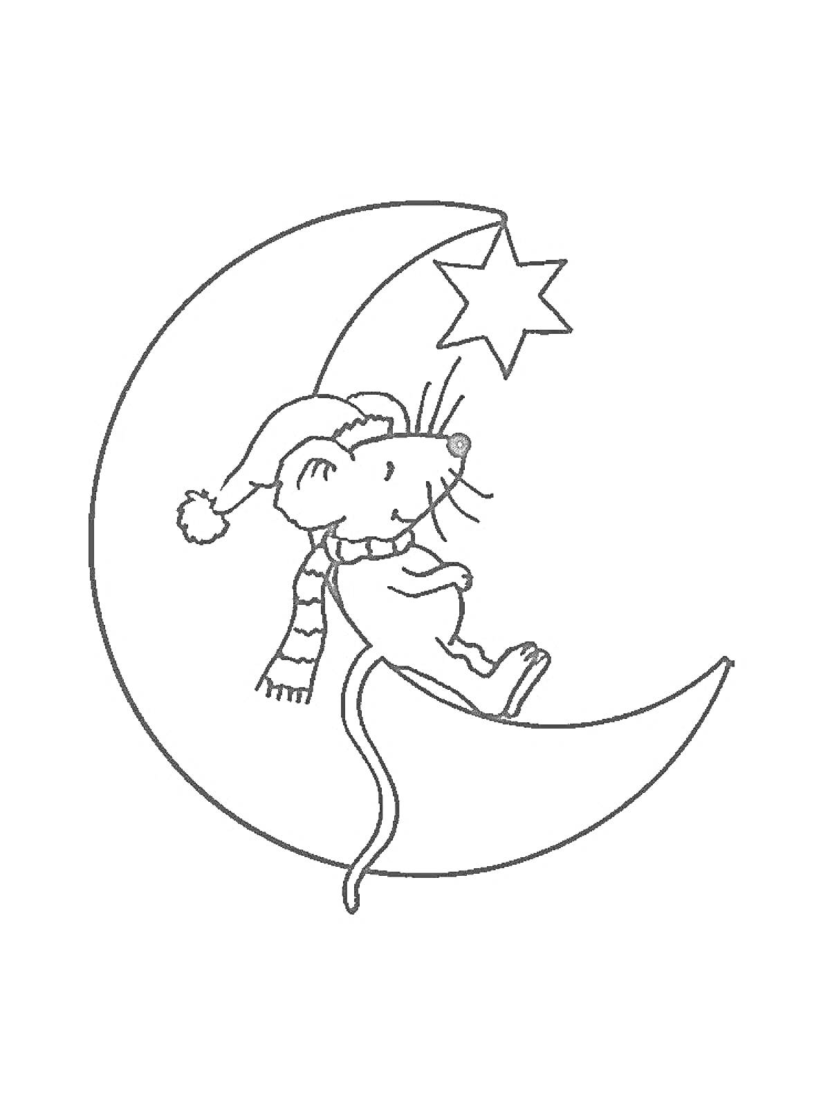 На раскраске изображено: Мышь, Месяц, Шарф, Луна, Ночь