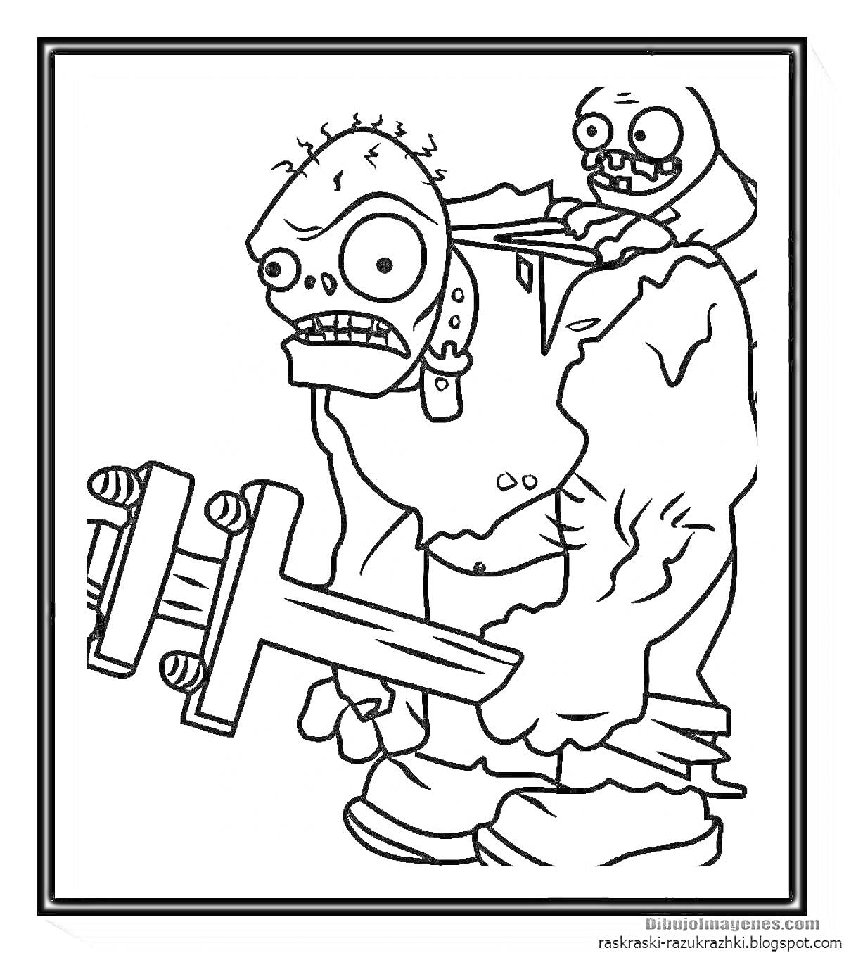 Раскраска Огромный зомби с деревянным молотом и маленький зомби на его спине