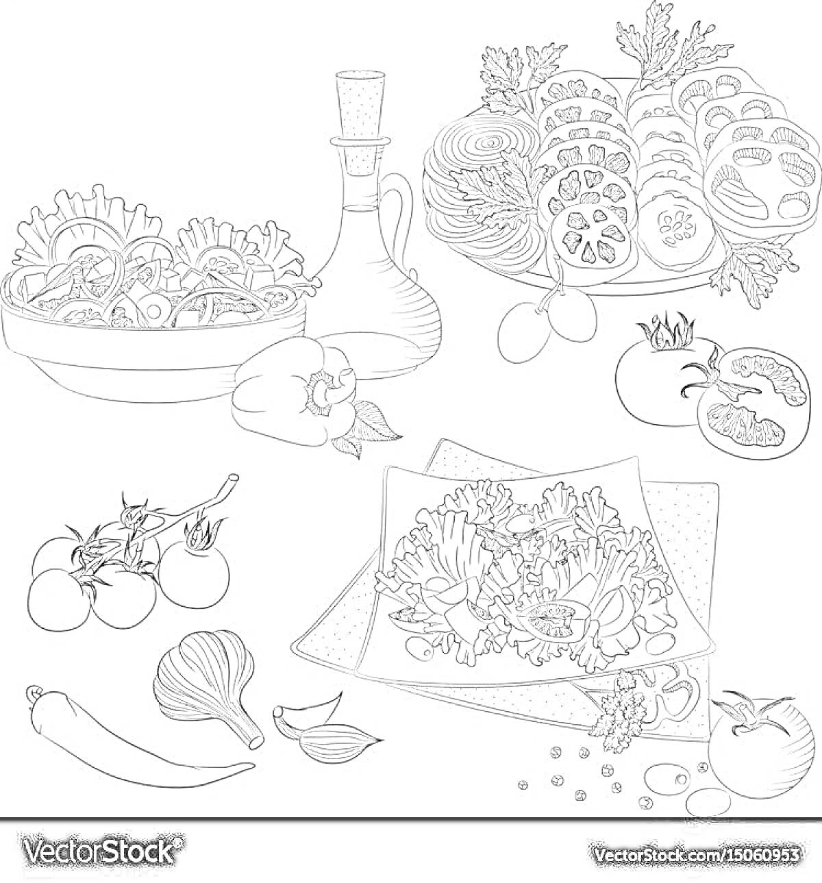 На раскраске изображено: Цезарь салат, Ингредиенты, Овощи, Оливковое масло, Перец, Капуста, Чили