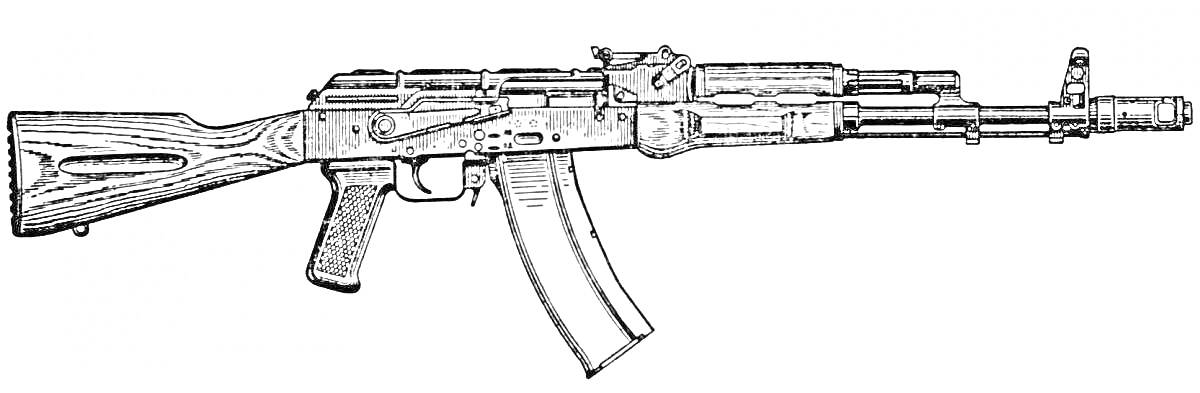 На раскраске изображено: АК-74, Штурмовая винтовка, Оружие, Автомат, Приклад, Магазин, Ствол, Пистолетная рукоятка, Спусковой крючок