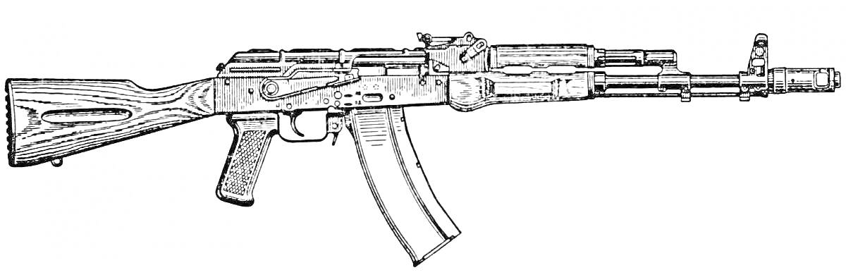 Раскраска Штурмовая винтовка АК-74 с прикладом из дерева, пистолетной рукояткой, спусковым крючком, затворной рамой,магазином, стволом и передней прицельной планкой.