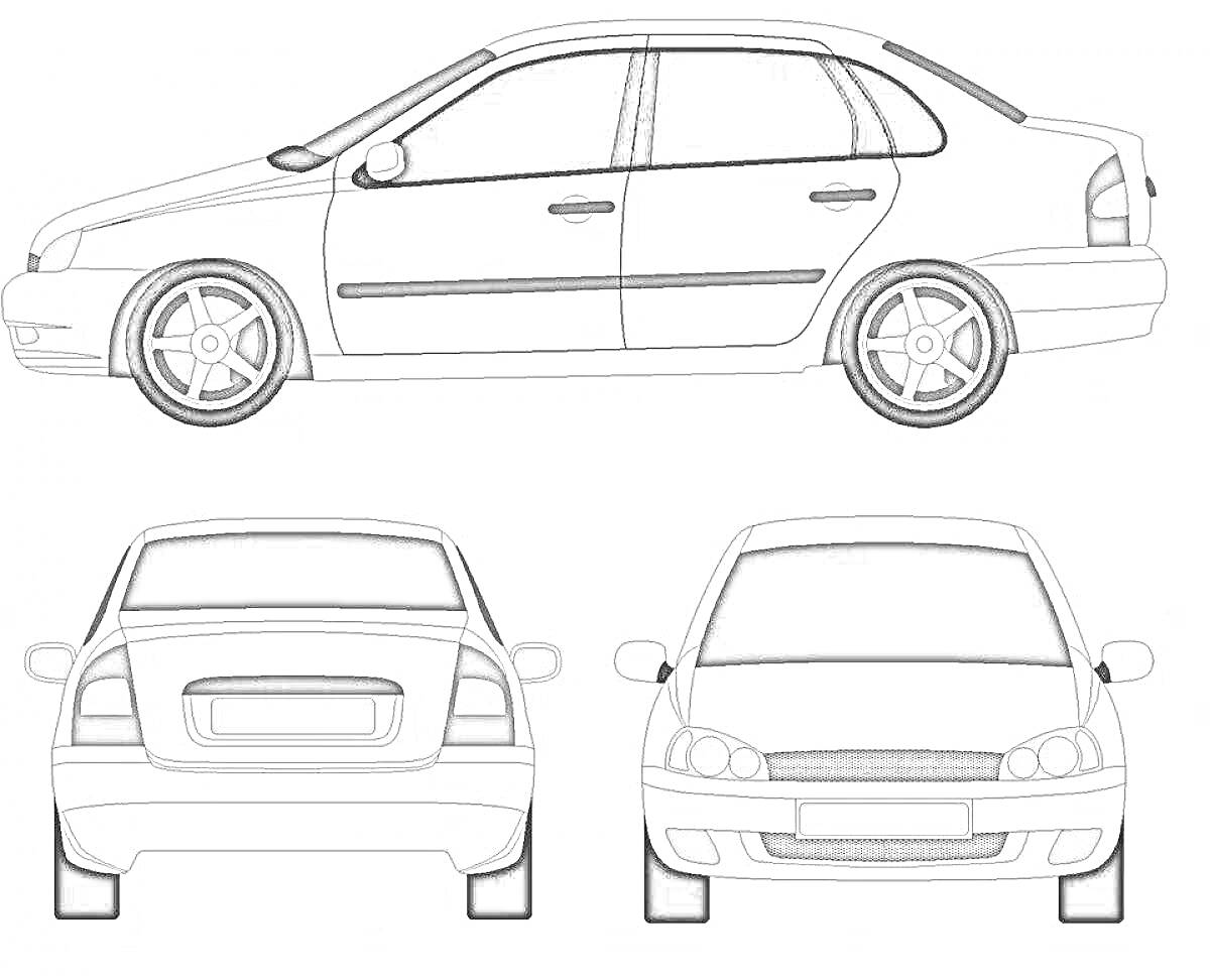 Раскраска Раскраска автомобиля Лада Гранта с видами сбоку, спереди и сзади, с видимыми элементами: фары, колеса, двери, окна, зеркала