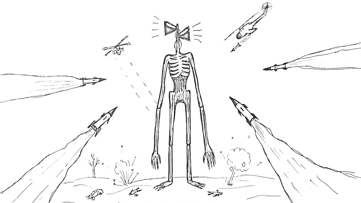 Раскраска Сиреноголовый на поле боя, атакованный ракетами и вертолётами