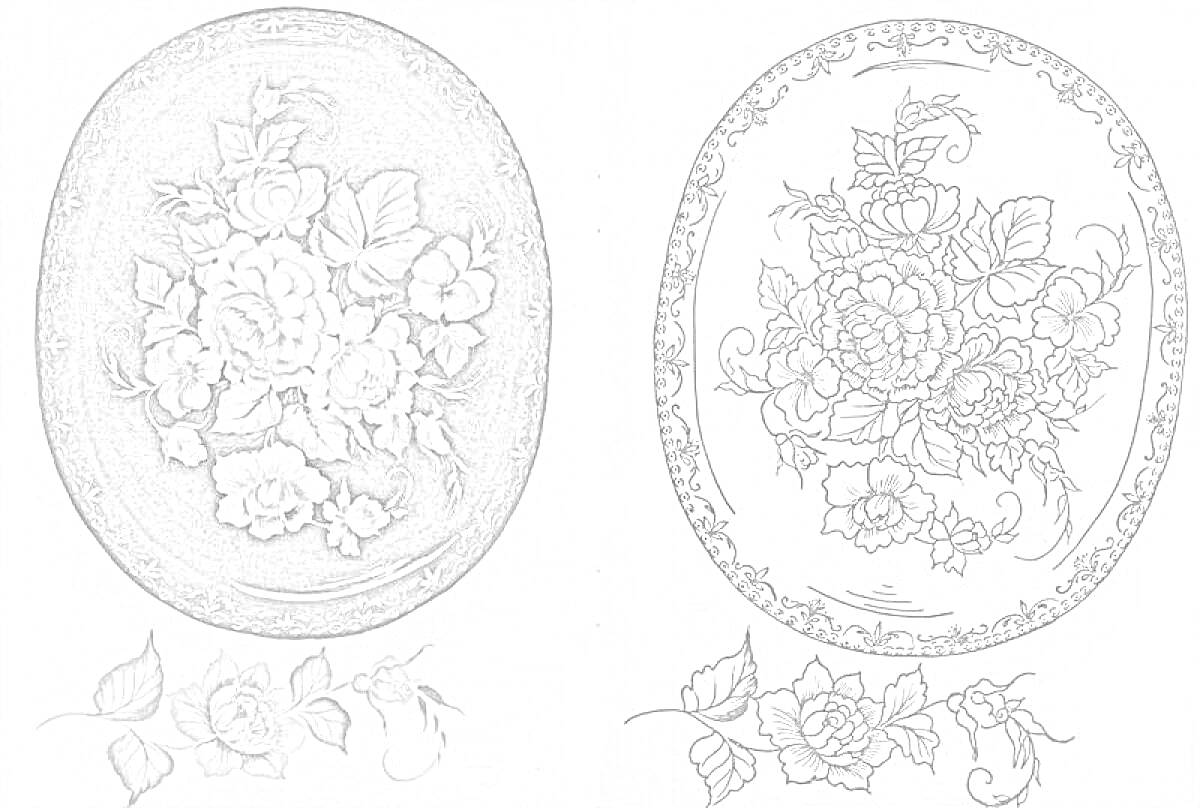 Раскраска Жостовский поднос с цветочным узором из роз, листьев и бутонов