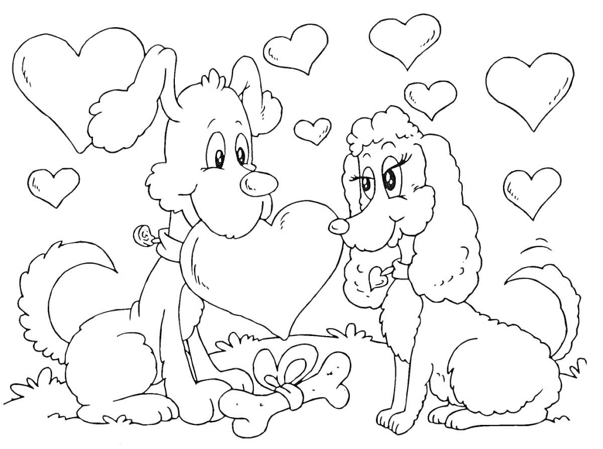 Раскраска Два собаки с сердцем и подарком, окруженные сердцами