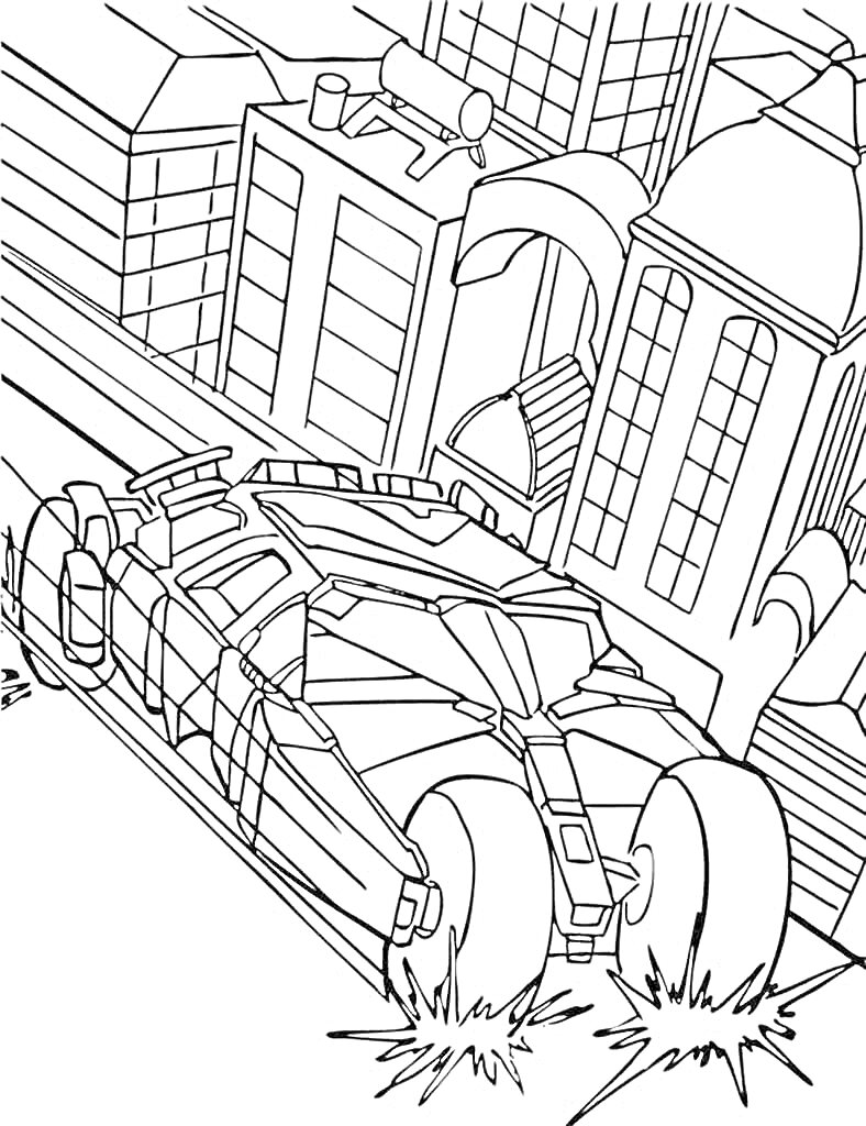 Раскраска Машина будущего в футуристическом городе с небоскрёбами и искрами из шин
