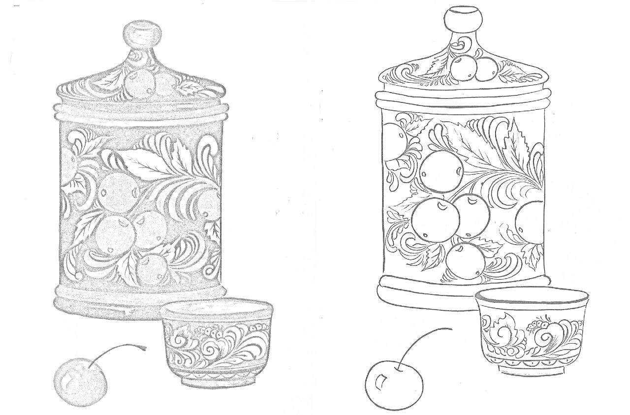 Раскраска Хохломская роспись на банке и чашке с ягодами и листьями