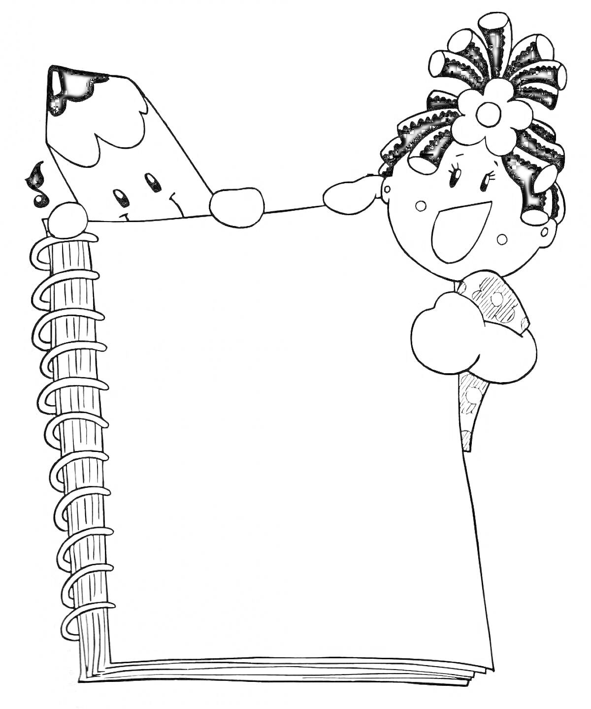Раскраска Рамка с тетрадным листом, карандашом и девочкой с мороженым