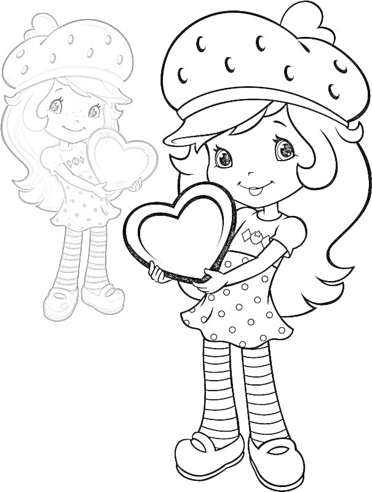 Раскраска Девочка с длинными волосами, в шапке с клубничным рисунком, платье в горошек и полосатых чулках, с сердцем в руках.