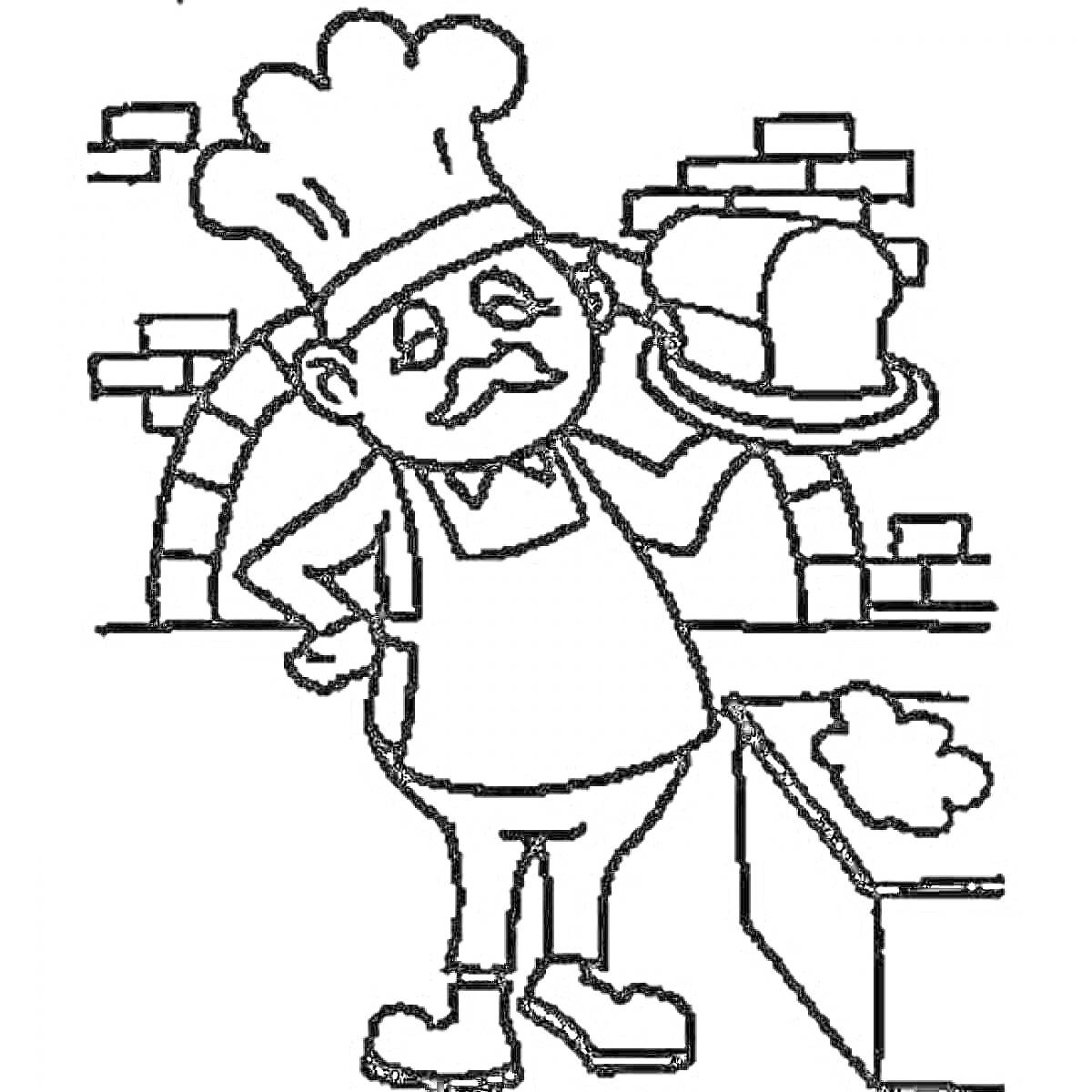 На раскраске изображено: Хлеб, Тесто, Стол, Шеф-повар, Кулинария, Готовка, Кухня, Выпечка, Печка