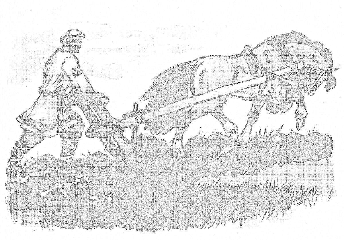 Раскраска Микула Селянинович пашет поле с лошадью и плугом