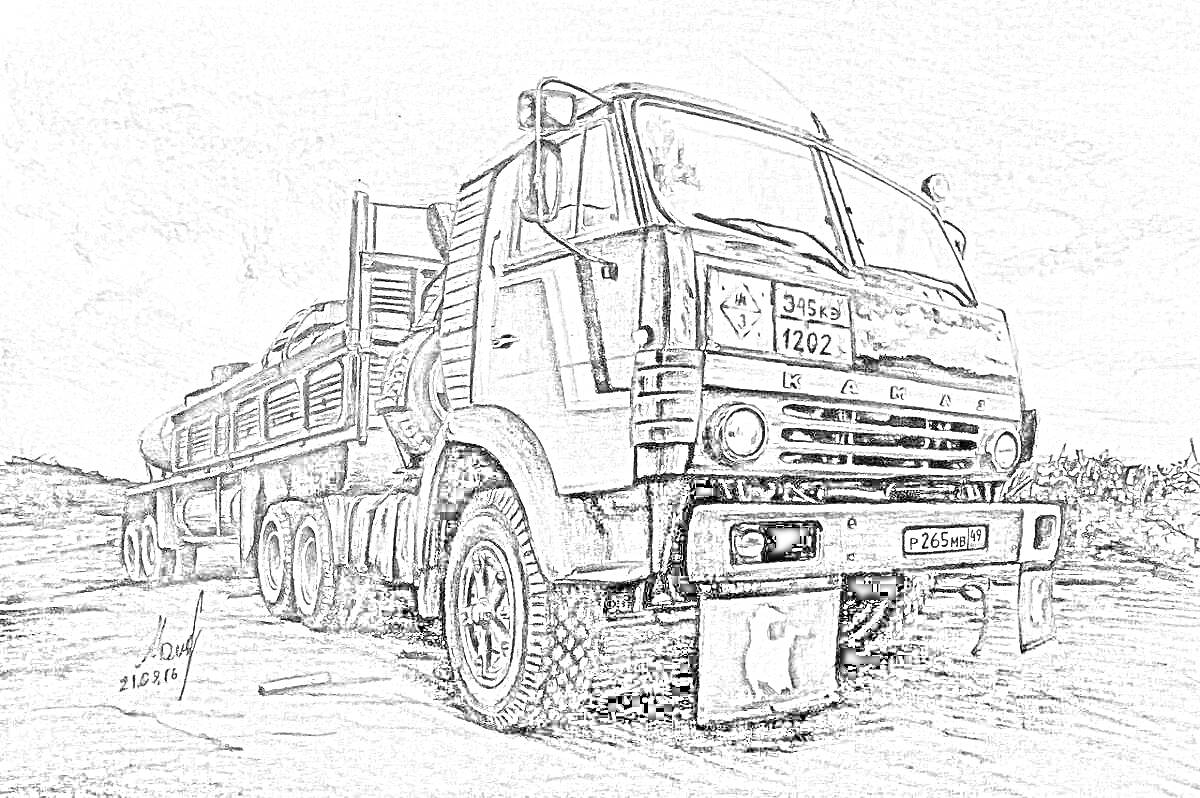 Раскраска Камаз с полуприцепом на дороге, дальнобойщики, грузовик, природа на заднем плане