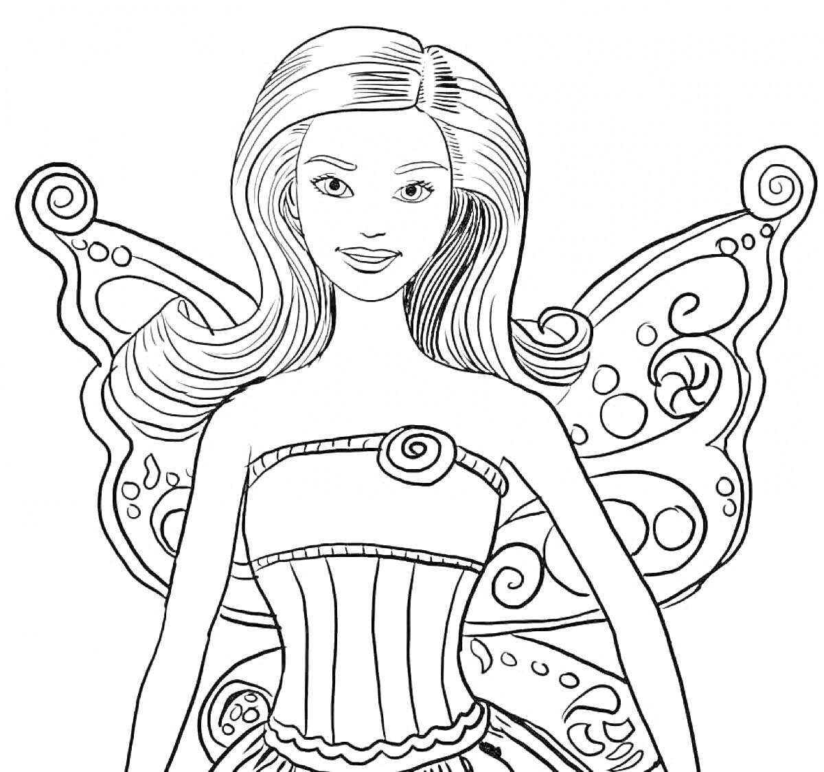 Раскраска Кукла Барби с длинными распущенными волосами в корсете и с большими крыльями бабочки