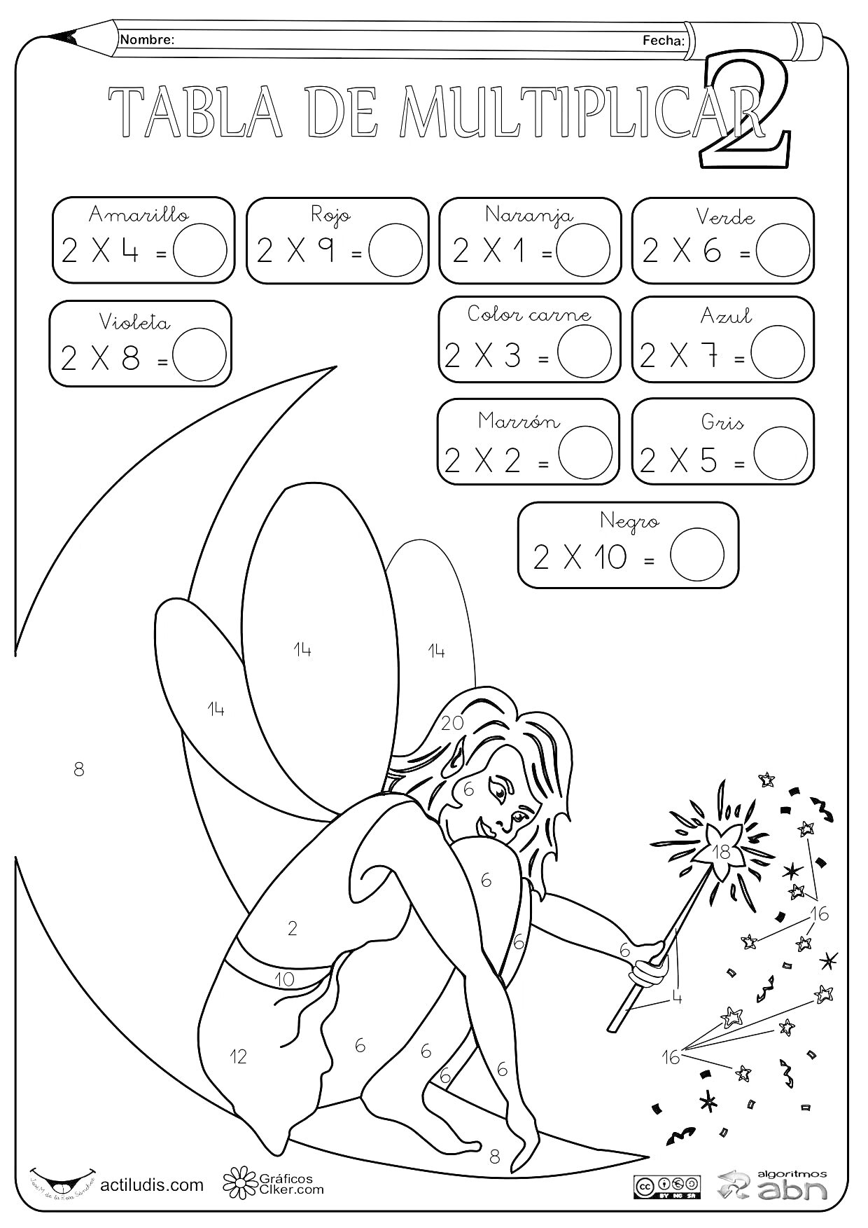 На раскраске изображено: Таблица умножения, Фея, Полумесяц, Звезды, Математика, Для детей