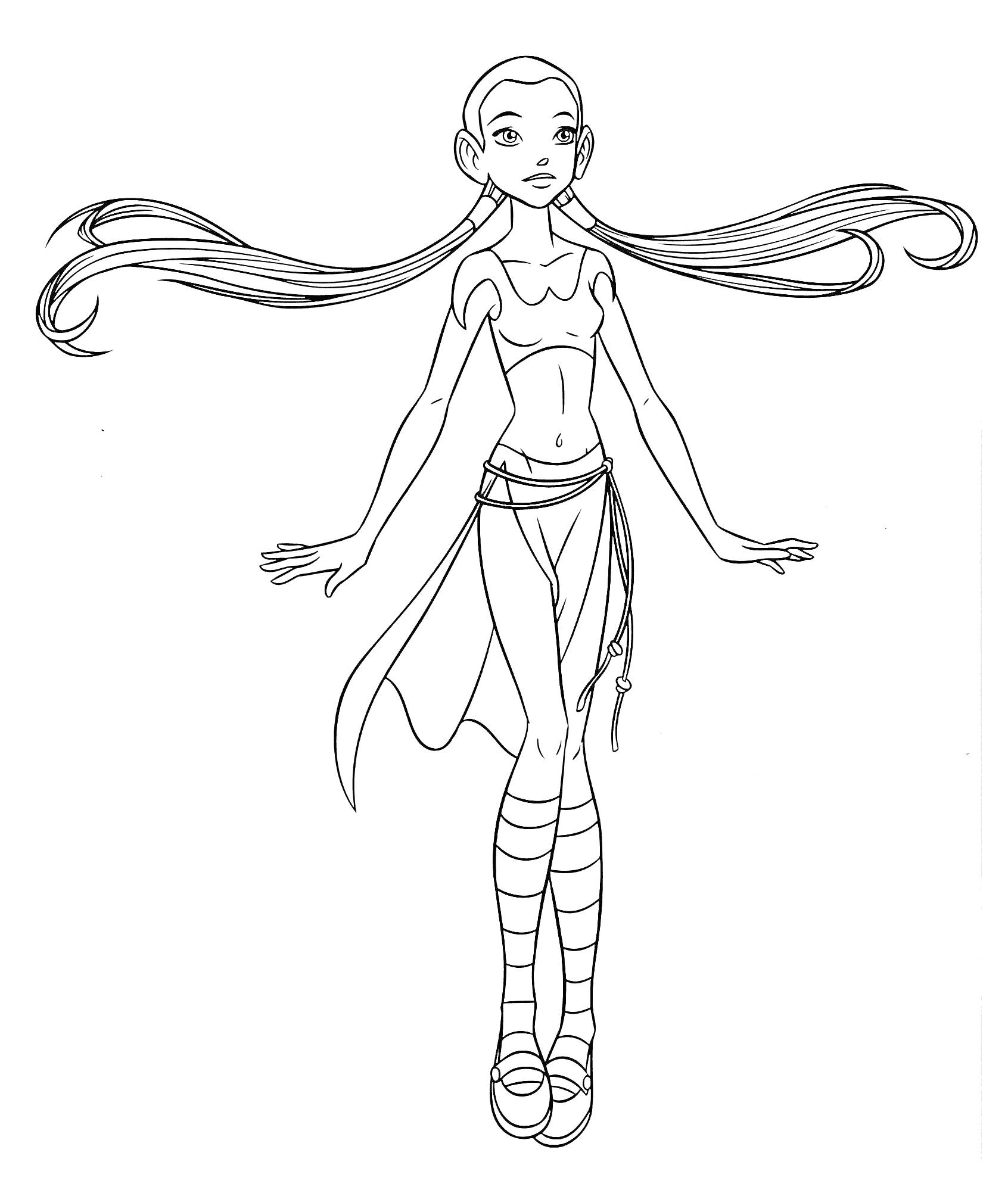 Девочка-волшебница с длинными волосами, в топе и юбке, стоящая на ногах с вытянутыми рукам