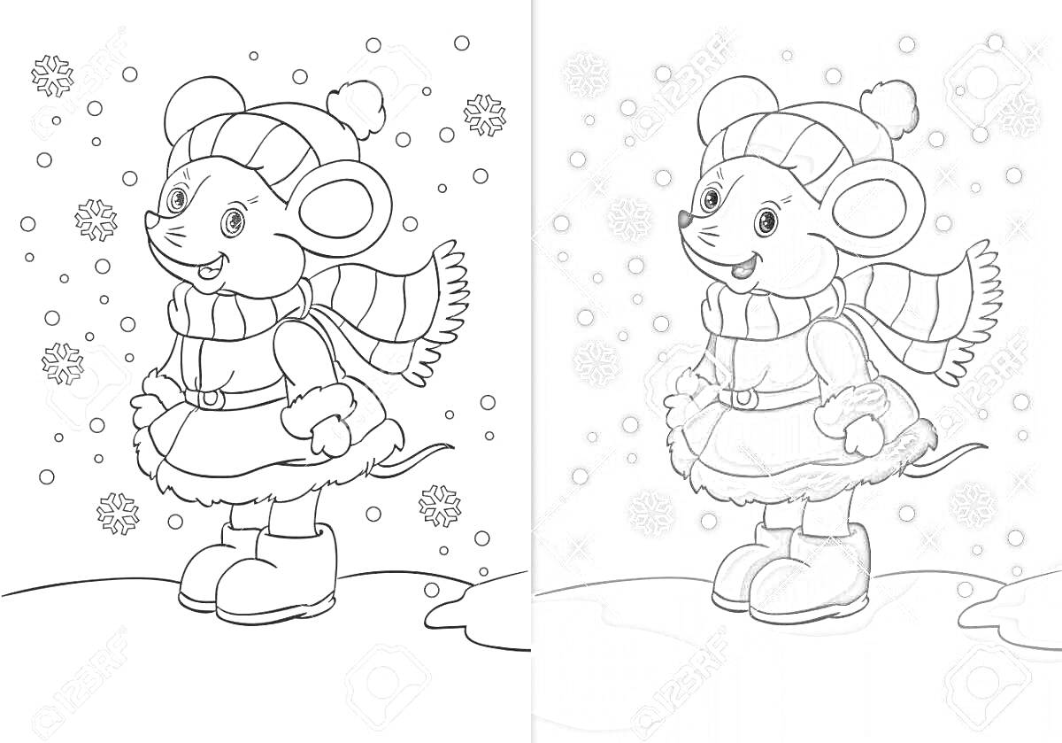 Раскраска Мышка в зимней одежде на снегу с падающими снежинками